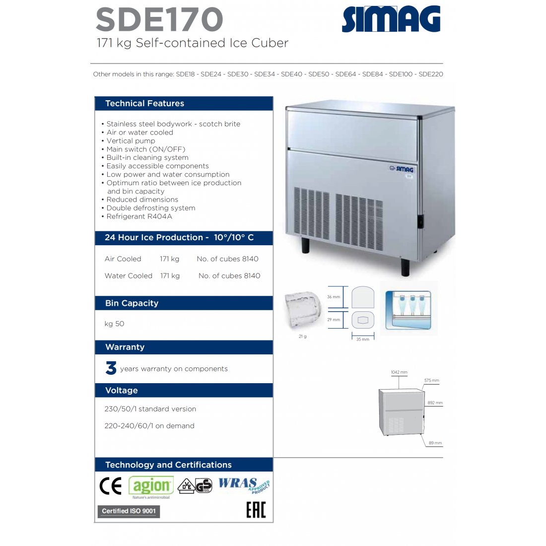 Commercial Ice Cube Maker Simag SDE170 Ice Machine Sale UK